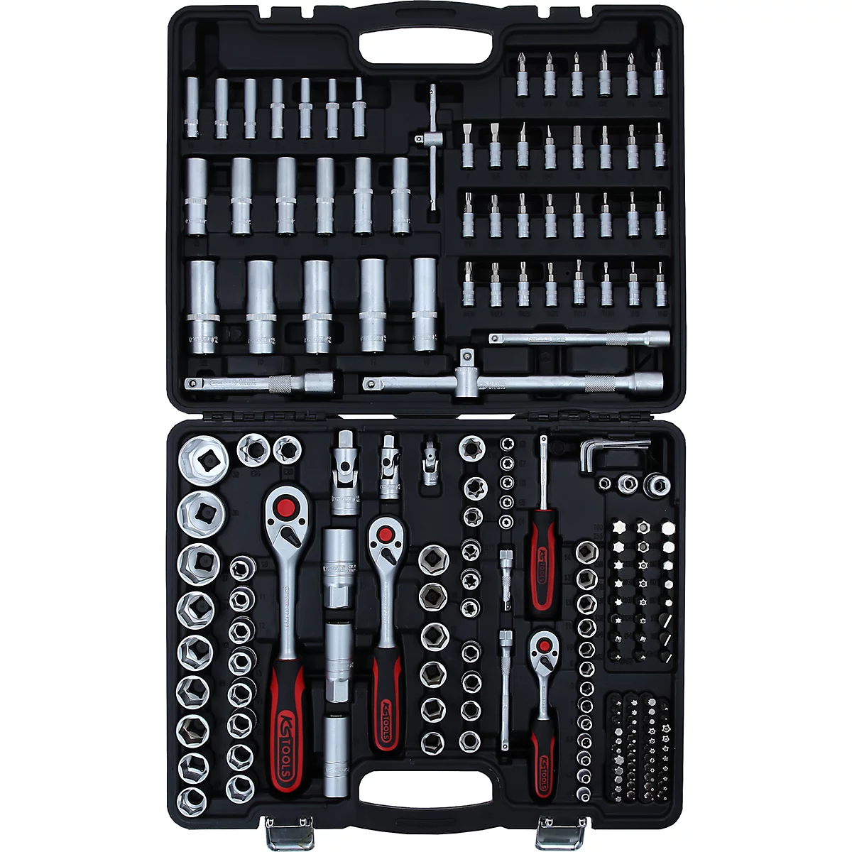 Mallette à outils noire remplie de différentes clés et outils. Les outils sont bien rangés.